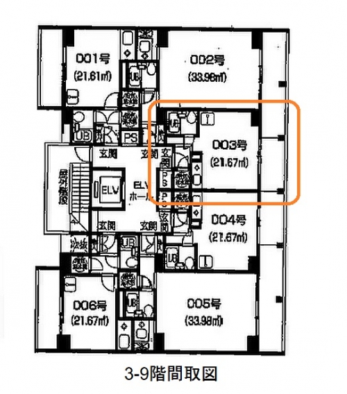 建物の3-9階の各部屋の間取り図のイメージ